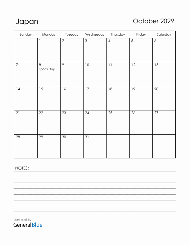 October 2029 Japan Calendar with Holidays (Sunday Start)