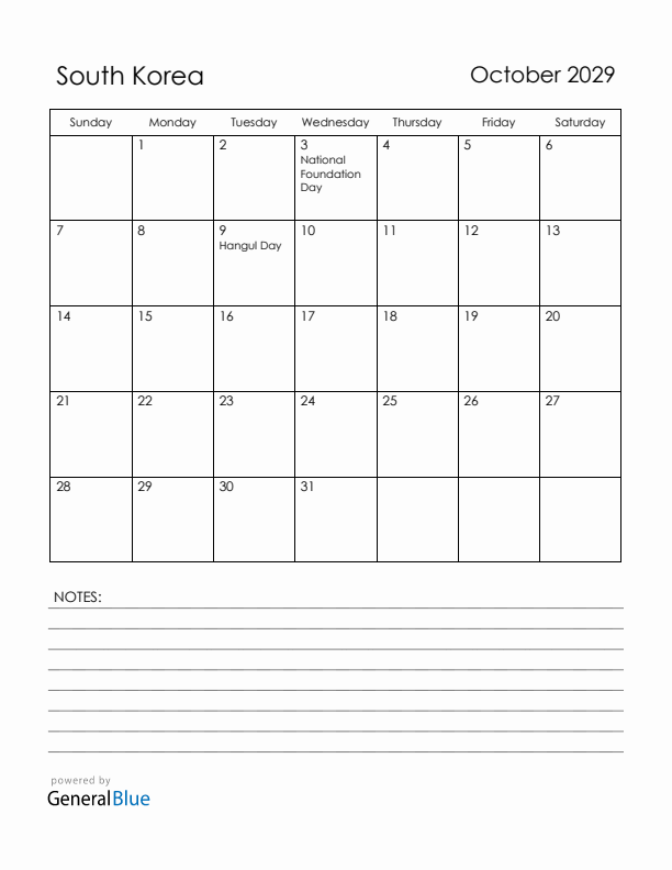 October 2029 South Korea Calendar with Holidays (Sunday Start)