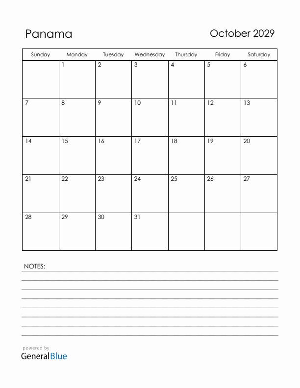 October 2029 Panama Calendar with Holidays (Sunday Start)