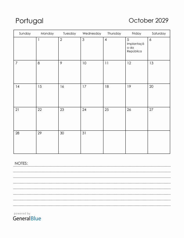 October 2029 Portugal Calendar with Holidays (Sunday Start)