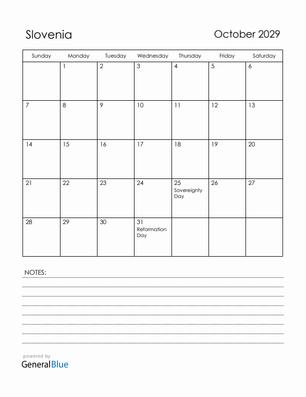 October 2029 Slovenia Calendar with Holidays (Sunday Start)