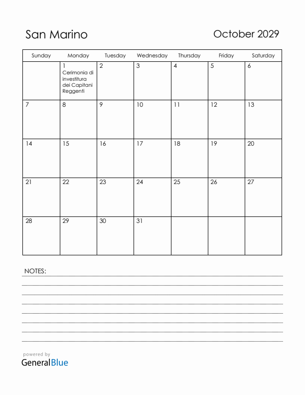 October 2029 San Marino Calendar with Holidays (Sunday Start)