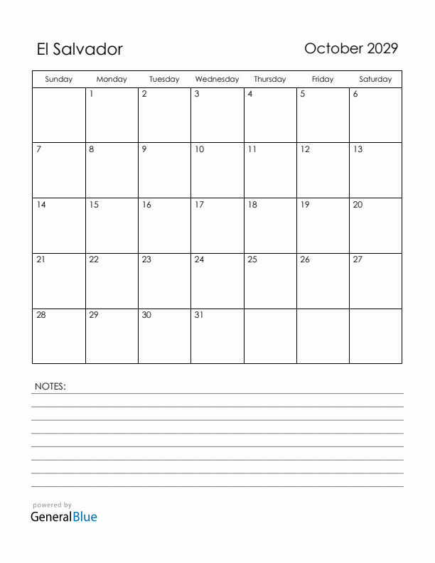 October 2029 El Salvador Calendar with Holidays (Sunday Start)