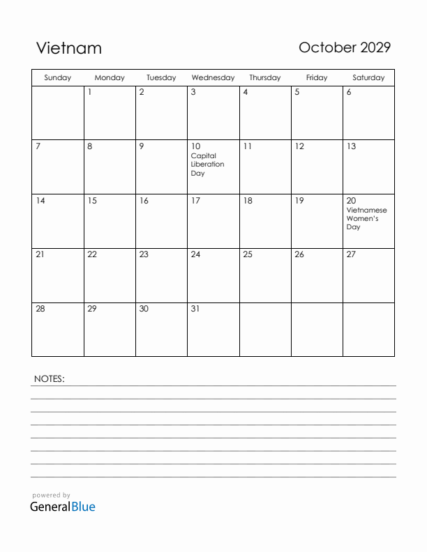 October 2029 Vietnam Calendar with Holidays (Sunday Start)