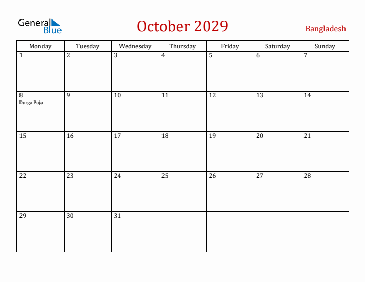 Bangladesh October 2029 Calendar - Monday Start