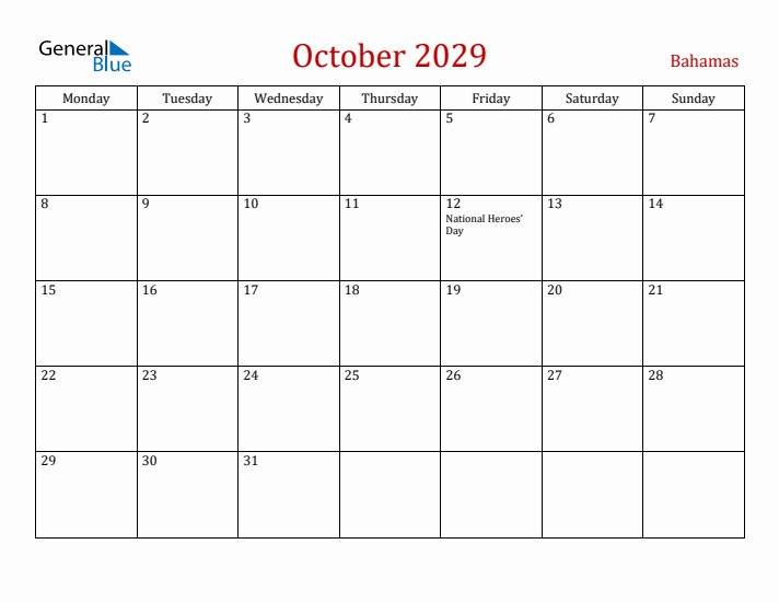 Bahamas October 2029 Calendar - Monday Start