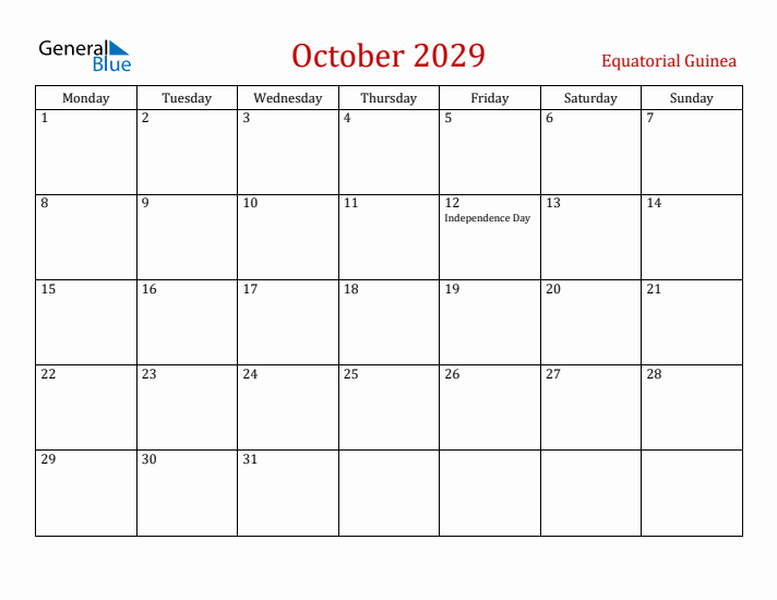 Equatorial Guinea October 2029 Calendar - Monday Start