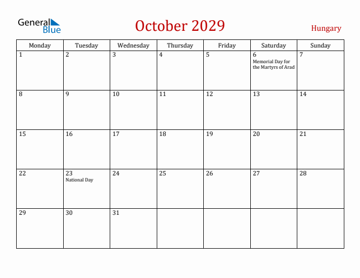 Hungary October 2029 Calendar - Monday Start