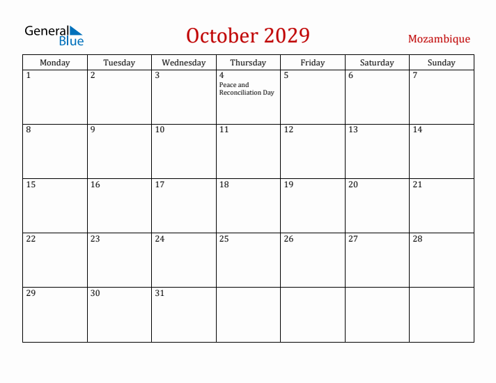 Mozambique October 2029 Calendar - Monday Start