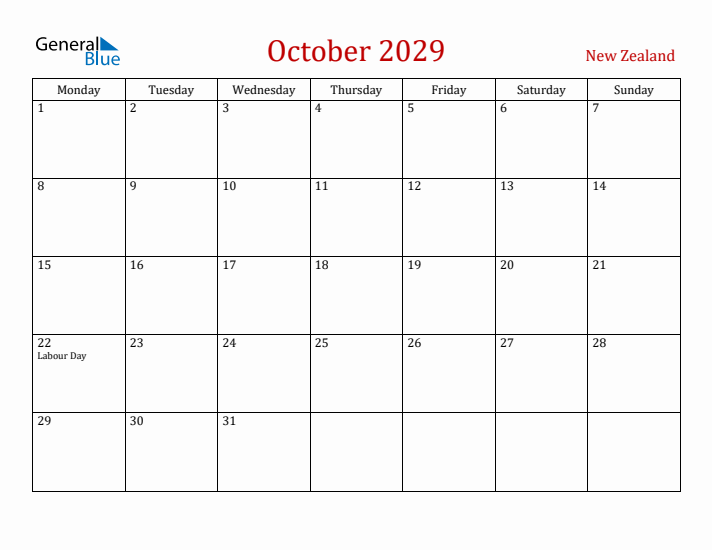 New Zealand October 2029 Calendar - Monday Start