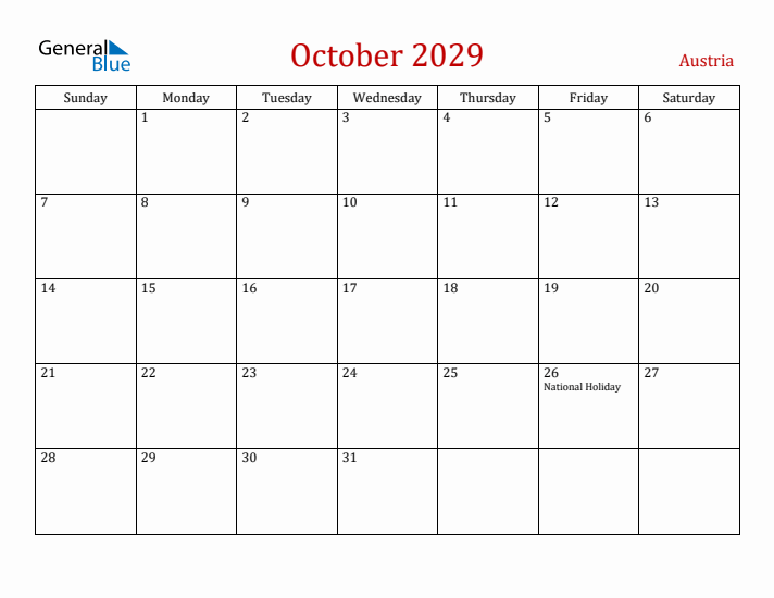 Austria October 2029 Calendar - Sunday Start