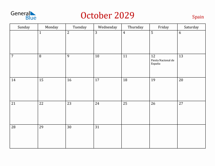 Spain October 2029 Calendar - Sunday Start