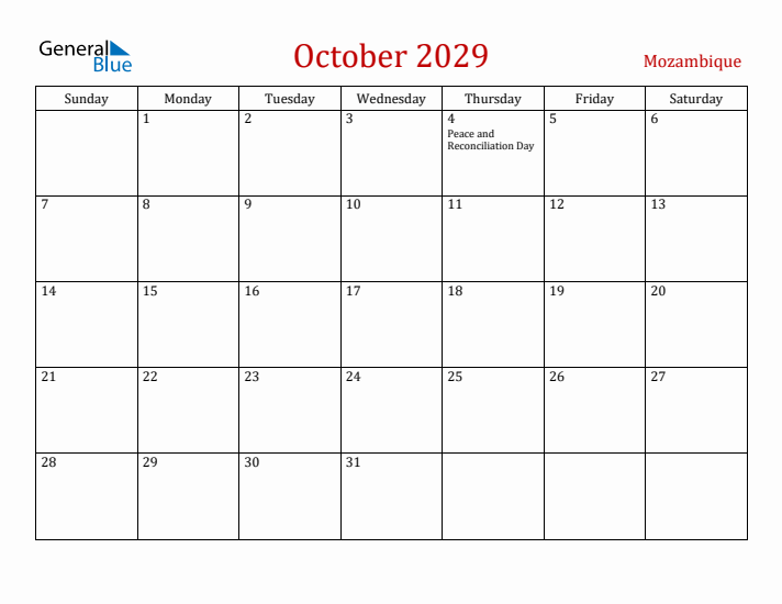 Mozambique October 2029 Calendar - Sunday Start