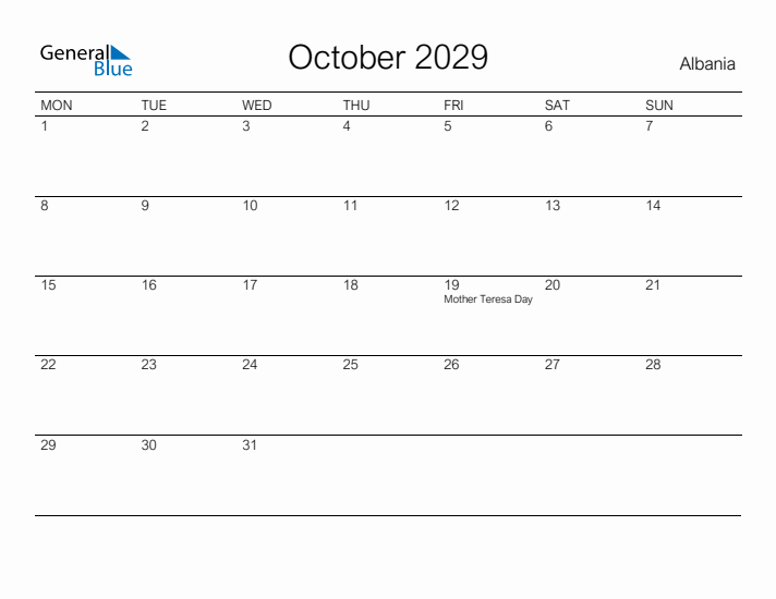 Printable October 2029 Calendar for Albania