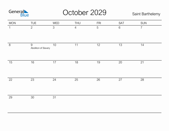 Printable October 2029 Calendar for Saint Barthelemy