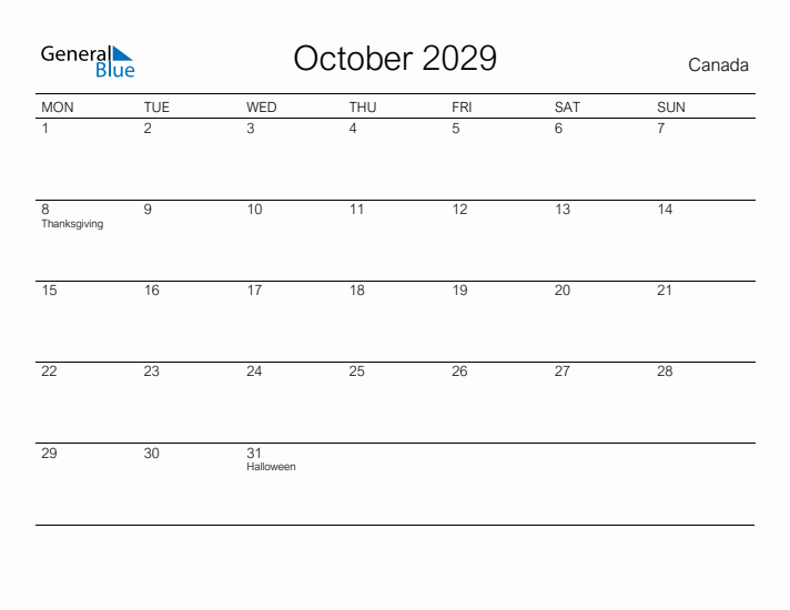 Printable October 2029 Calendar for Canada