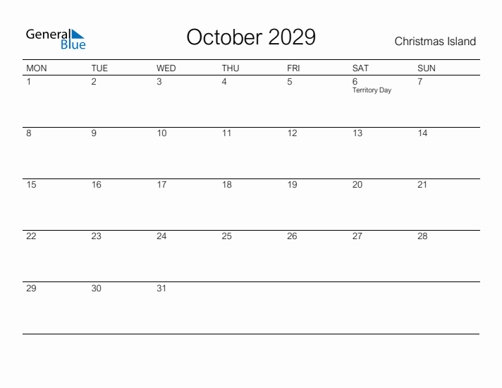 Printable October 2029 Calendar for Christmas Island