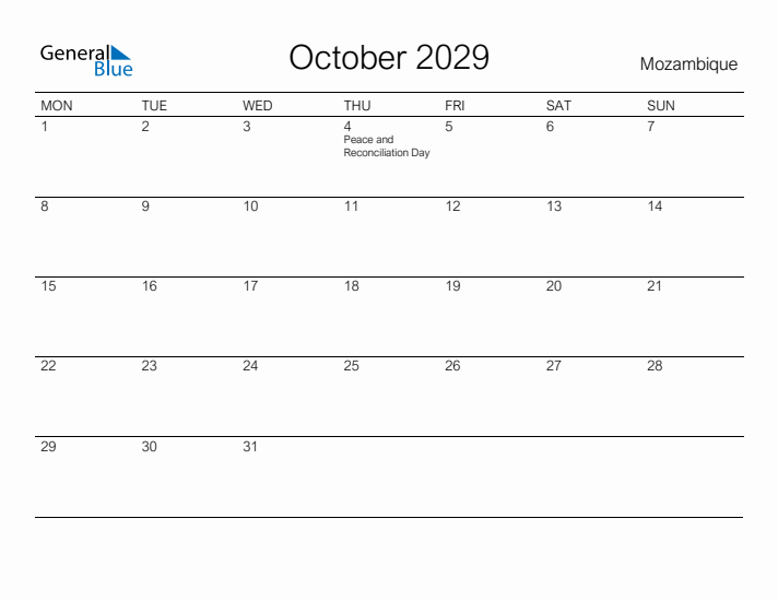 Printable October 2029 Calendar for Mozambique