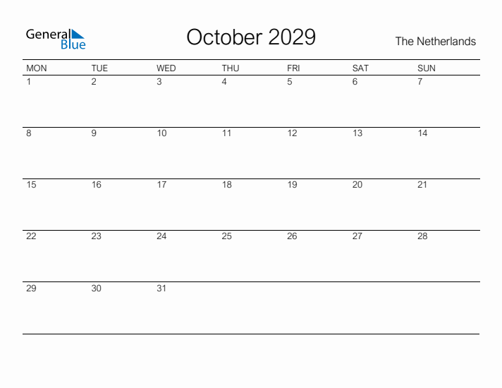 Printable October 2029 Calendar for The Netherlands