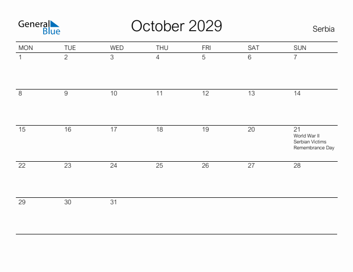 Printable October 2029 Calendar for Serbia