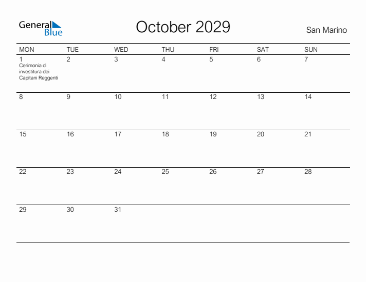 Printable October 2029 Calendar for San Marino