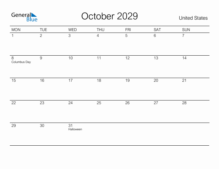 Printable October 2029 Calendar for United States