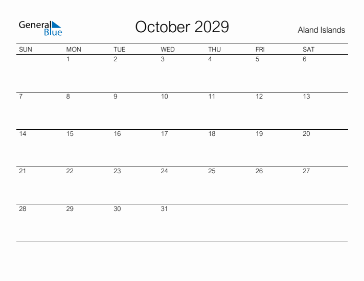 Printable October 2029 Calendar for Aland Islands