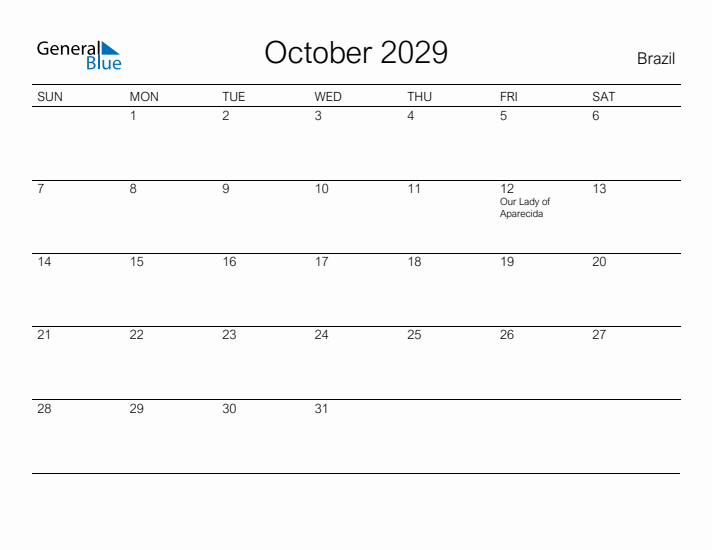 Printable October 2029 Calendar for Brazil