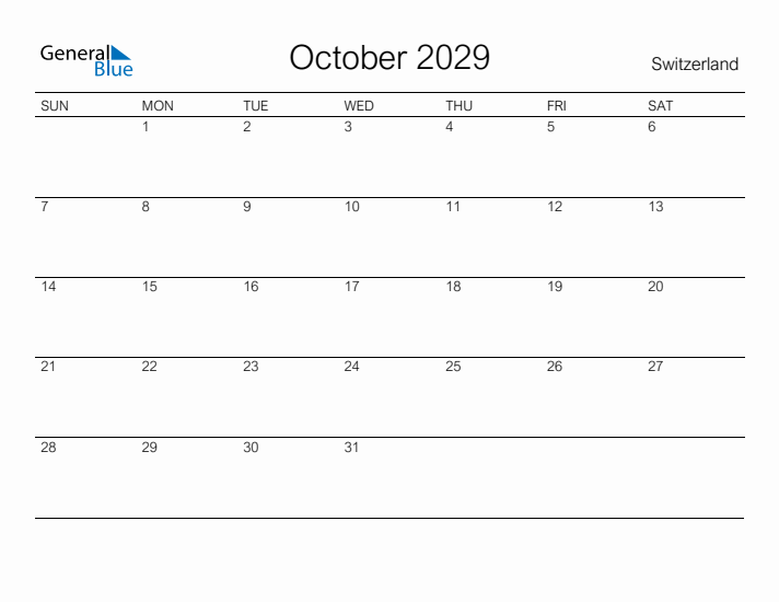 Printable October 2029 Calendar for Switzerland