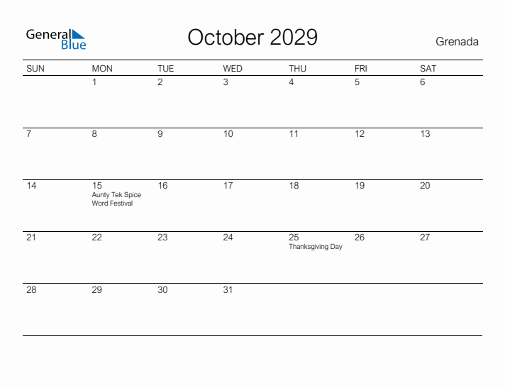 Printable October 2029 Calendar for Grenada