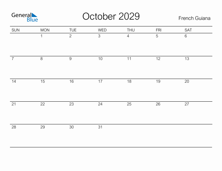 Printable October 2029 Calendar for French Guiana