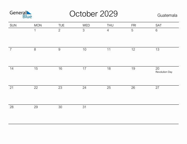 Printable October 2029 Calendar for Guatemala