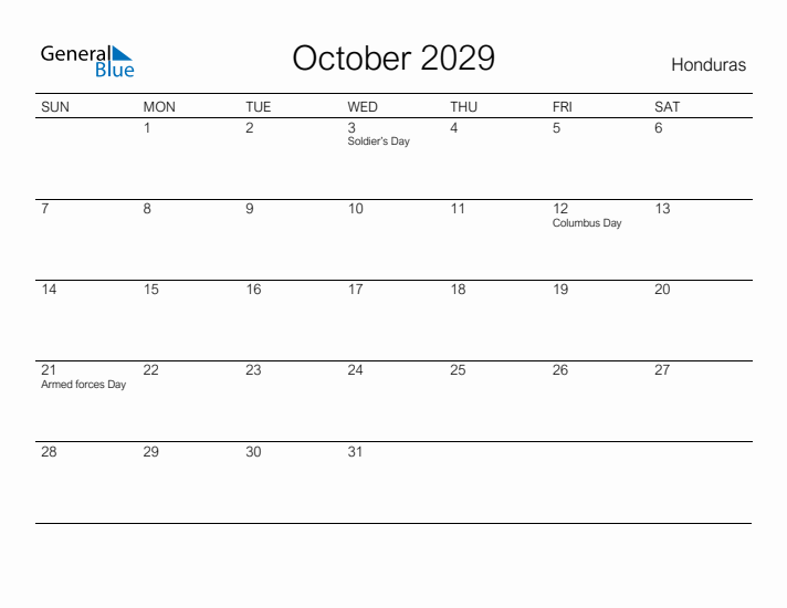 Printable October 2029 Calendar for Honduras