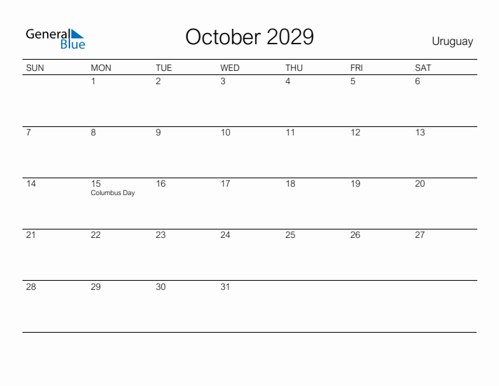 Printable October 2029 Calendar for Uruguay