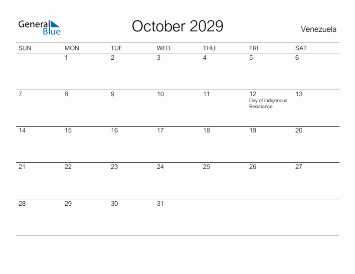 Printable October 2029 Calendar for Venezuela