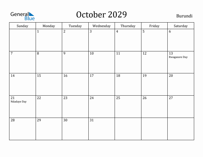 October 2029 Calendar Burundi