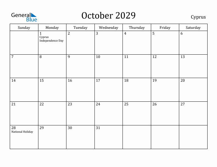 October 2029 Calendar Cyprus