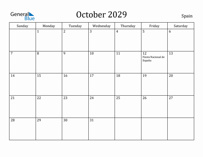 October 2029 Calendar Spain