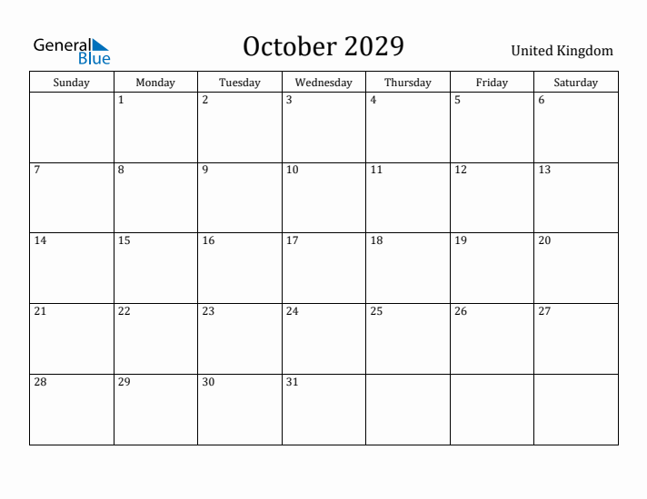 October 2029 Calendar United Kingdom