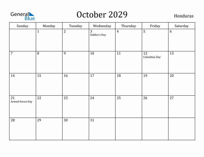 October 2029 Calendar Honduras