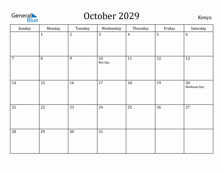 October 2029 Calendar Kenya