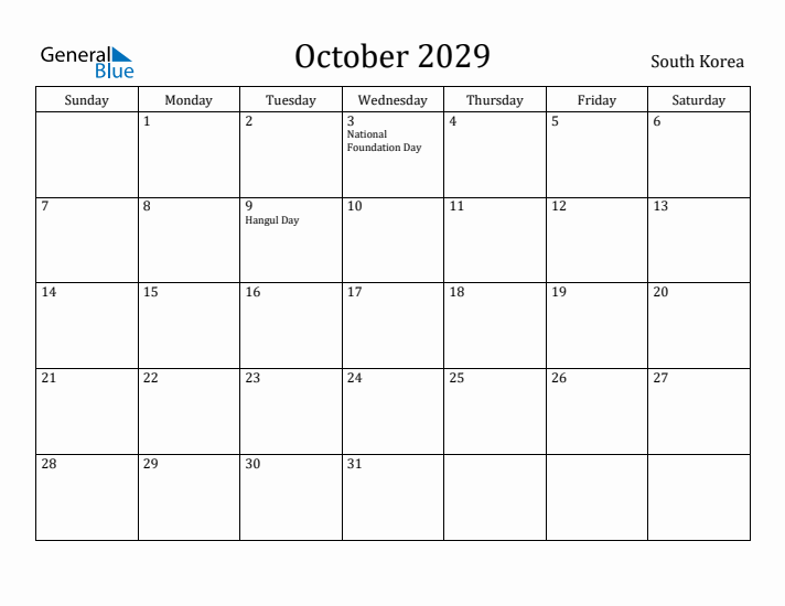 October 2029 Calendar South Korea