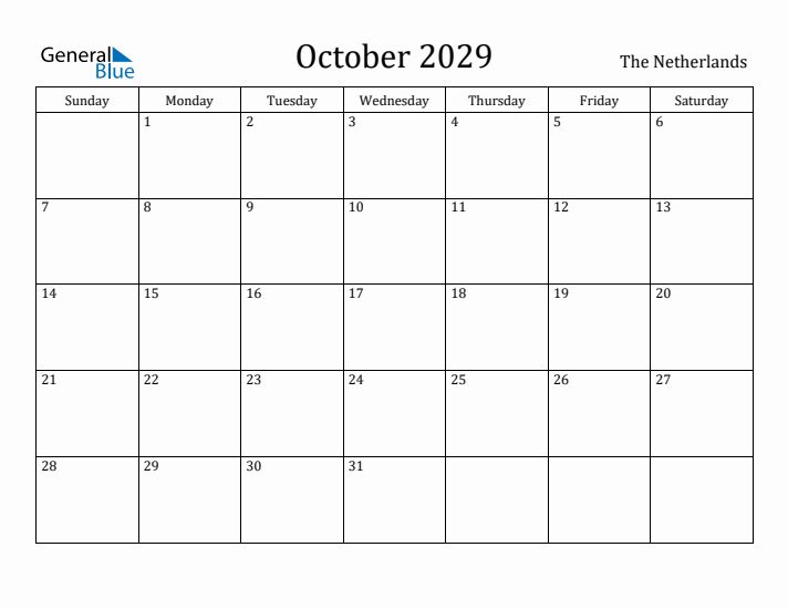 October 2029 Calendar The Netherlands