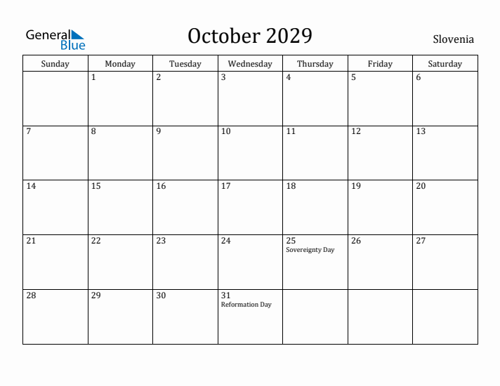 October 2029 Calendar Slovenia