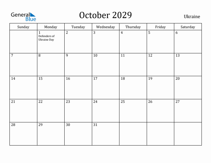 October 2029 Calendar Ukraine