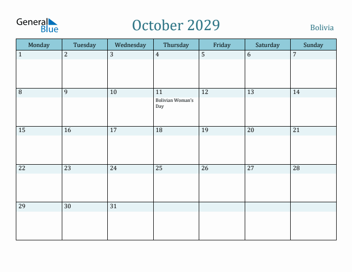 October 2029 Calendar with Holidays