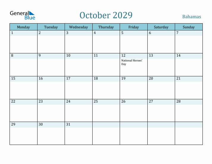 October 2029 Calendar with Holidays