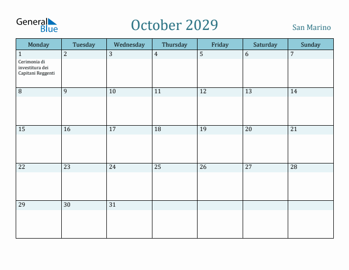 October 2029 Calendar with Holidays