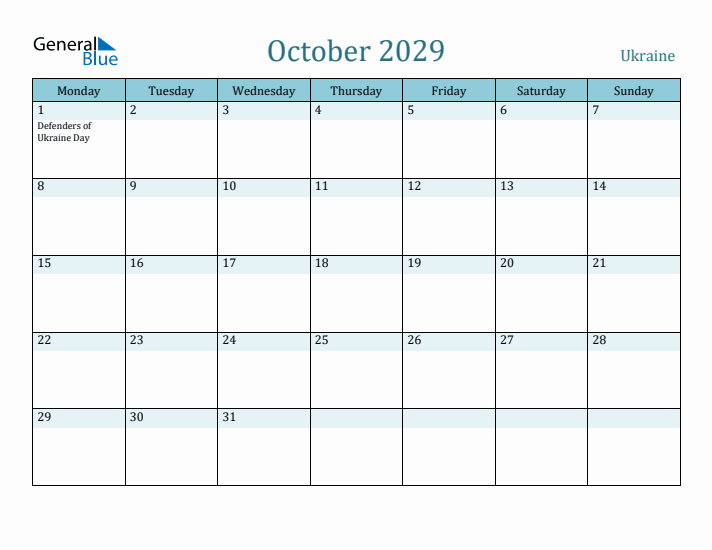 October 2029 Calendar with Holidays