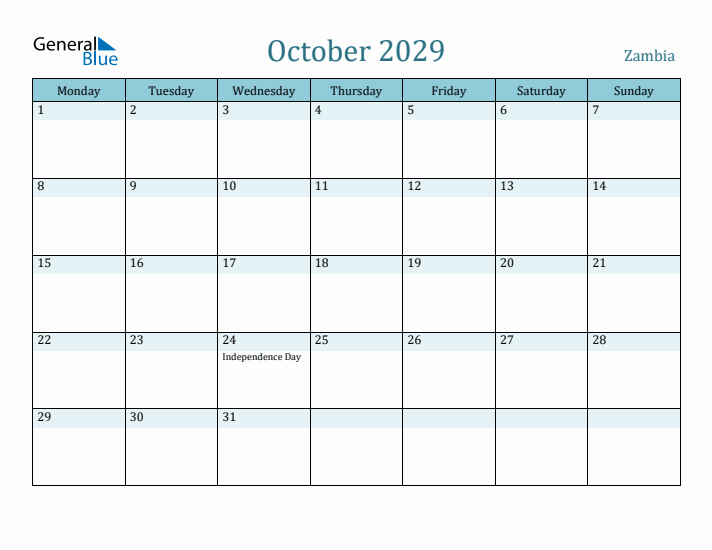 October 2029 Calendar with Holidays